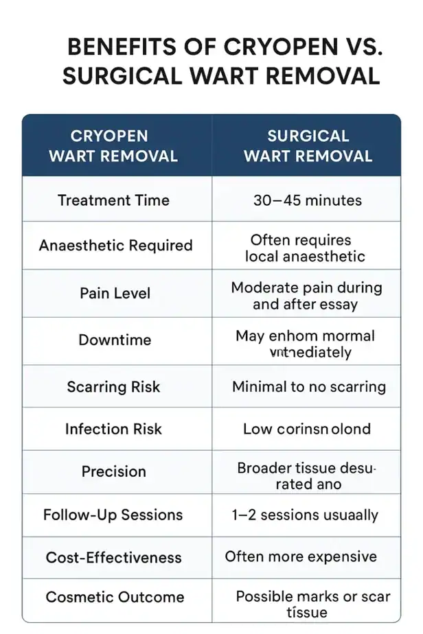 Table showing the benefits of cryopen to remove warts Stourport-on-Severn compared to surgical treatment